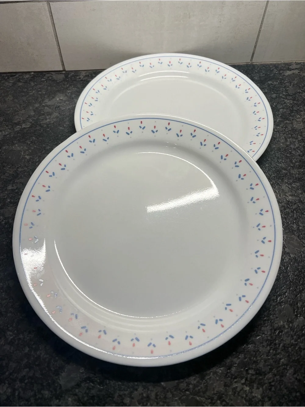 Corelle RETIRED NORMANDY 10” Dinner Plates with Blue and Pink Floral Border